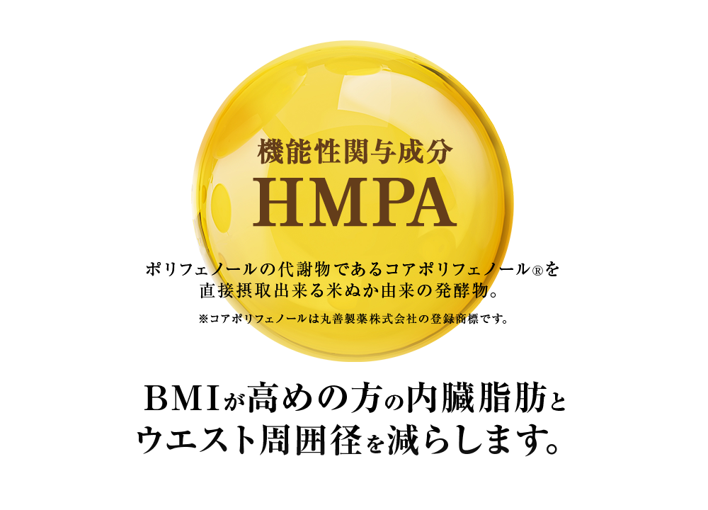 機能性関与成分 HMPA
 ポリフェノールの代謝物であるコアポリフェノール®を直接摂取出来る米ぬか由来の発酵物。※コアポリフェノールは丸善製薬株式会社の登録商標です。BMIが高めの方の内臓脂肪と
ウエスト周囲径を減らします。
