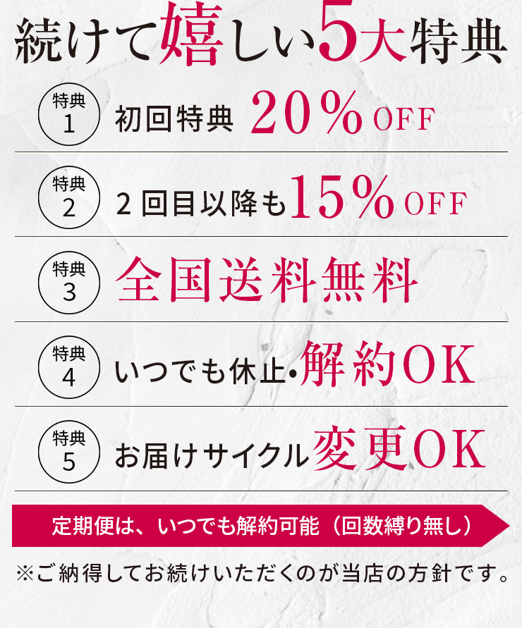 NOUNE シャンプー&トリートメントセット　続けて嬉しい5大特典　特典1初回特典20%OFF 特典2回目以降も15%OFF 特典3全国送料無料 特典4いつでも休止・解約OK 特典5お届けサイクル変更OK