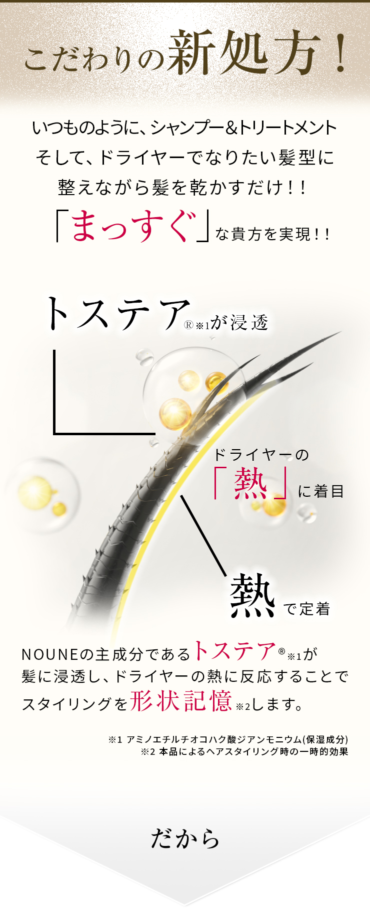 こだわりの新処方!いつものように、シャンプー&トリートメントそして、いつものようにドライヤーで髪を乾かすだけ!!ただそれだけで、「まっすぐな髪」を実現!!